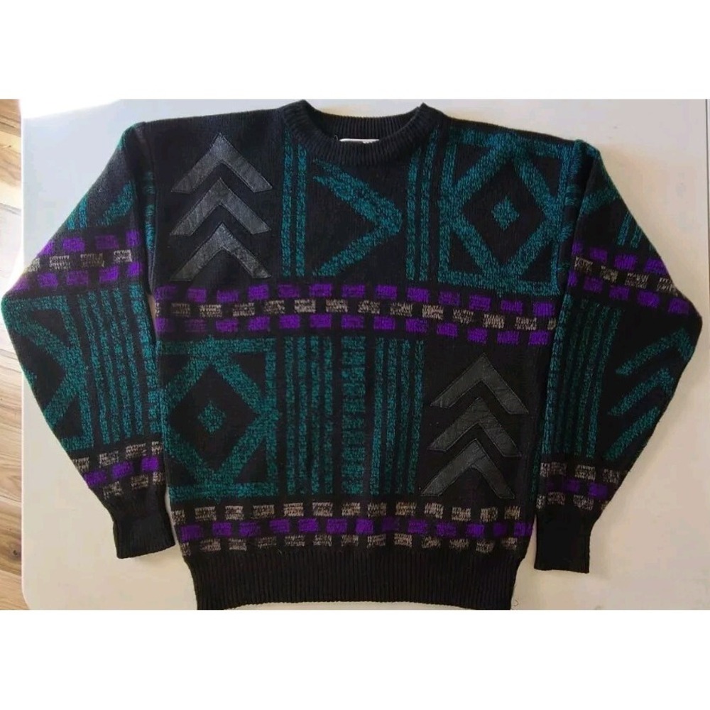 Vintage Sunset Highway Knit Sweater Mens Large Geometric Leather Grandpa Style